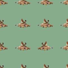 A colorful chicken sits on multi-colored eggs on a light green calm background. Easter festive seamless pattern in retro style