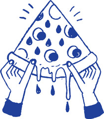 playful illustration of hands holding slice of pizza with toppings and dripping cheese, evoking fun and appetizing vibe