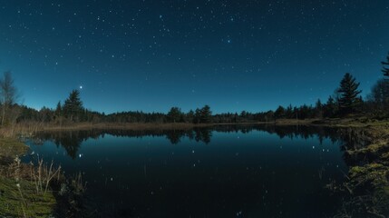 Serene lake at night with reflections of moonlight and stars on the still water surface