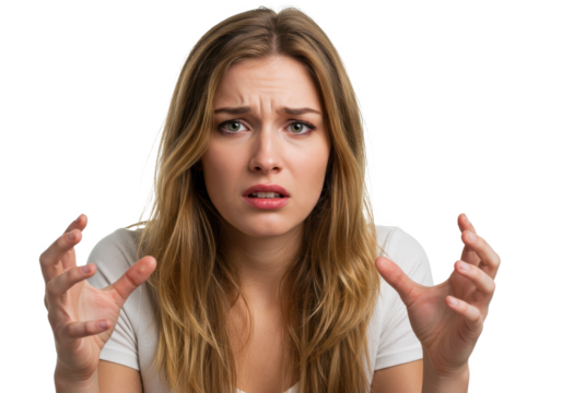 Close-up of emotional young woman showing helpless gesture with arm and hands, mouth curved as if she does not know what to do isolated on White background