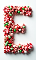 A festive and artistic number and letter designed entirely with peppermint candies and holiday sweets. The red, green, and white confections create a vibrant and whimsical Christmas-themed typography