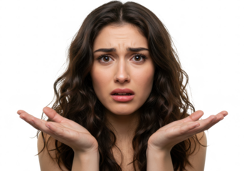 Close-up of emotional young woman showing helpless gesture with arm and hands, mouth curved as if she does not know what to do isolated on White background