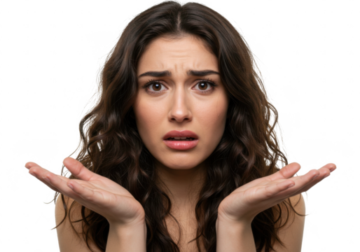 Close-up of emotional young woman showing helpless gesture with arm and hands, mouth curved as if she does not know what to do isolated on White background