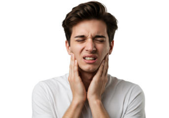Young man in white t-shirt suffering from severe toothache, touching cheek with fingers, eyes closed because of strong pain isolated on White background