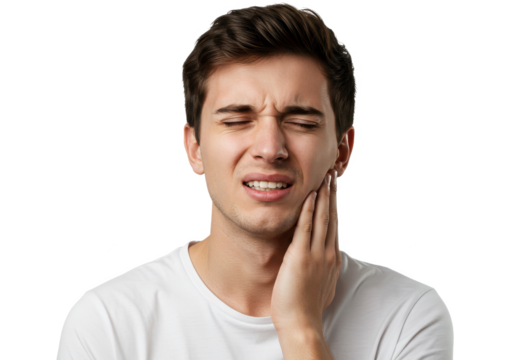 Young man in white t-shirt suffering from severe toothache, touching cheek with fingers, eyes closed because of strong pain isolated on White background