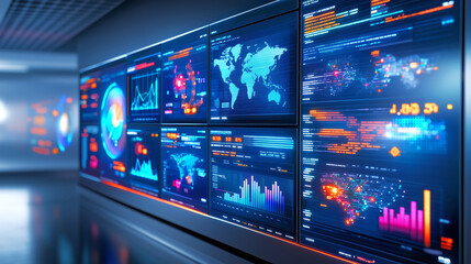 Featuring multiple large screens, this high-tech room displays intricate data visualizations, including global maps, graphs, and statistics, emphasizing advanced analytics in a corporate setting