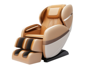modern massage chair designed for relaxation and comfort, featuring sleek design with combination of brown and cream colors. Ideal for home or office use, it promotes wellness and stress relief