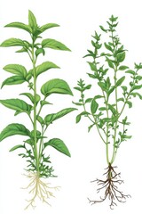 Illustration of Stevia rebaudiana plant showing detailed parts and structure for educational reference