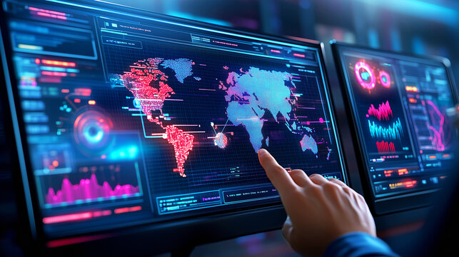 In a contemporary workspace, a person interacts with large digital displays showing a global map filled with data points and analytics