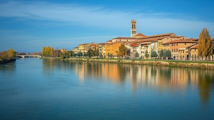 Fototapeta premium Italian Riverfront Town Houses Reflecting in Calm Water