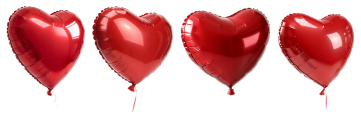 Four red heart shaped balloons isolated on a transparent background. Perfect for Valentine's Day, anniversaries, or romantic celebrations.