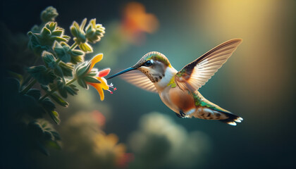 Hummingbird in Flight Feeding on Nectar