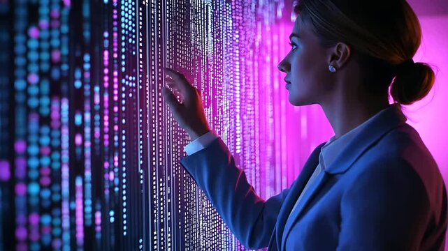 A woman in an elegant business suit works on data privacy regulations, with futuristic holograms displaying compliance progress and cyber risk mitigation strategies.