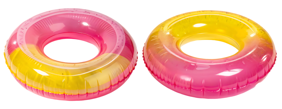 Pink and yellow inflatable pool ring floats.