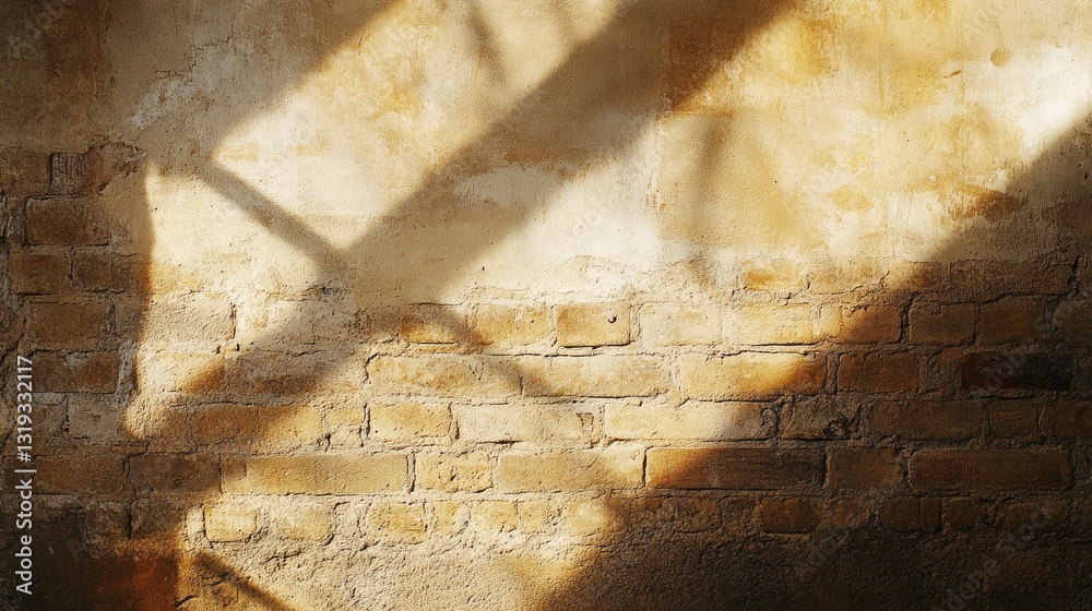 Poster Beams of golden sunlight filter through a structured setting, casting intricate shadows on weathered brick walls. The gentle glow enhances a rustic charm most inviting