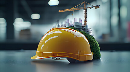 Yellow Construction Helmet With Miniature Cityscape And Crane Emerging From Lush Green Foliage In Modern Industrial Setting