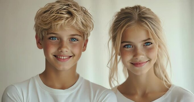 Charming siblings posing together with warm smiles.
4K close-up video of a brother and sister with bright blue eyes, posing naturally with soft expressions.
