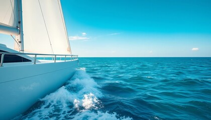 Fototapeta premium A pristine sailboat glides across a vibrant ocean, its white sails catching the sunlight, leaving a foamy wake in its path under a clear blue sky.