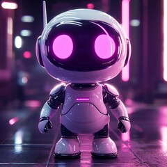Cute futuristic robot with pink glowing eyes in neon-lit urban environment
