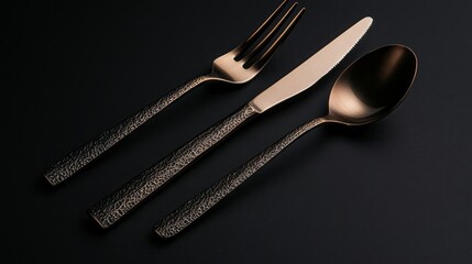 A rustic vintage cutlery set showcases a knife, spoon, and fork each with captivating textured handles, brilliantly contrasting against a dark background, creating a striking and elegant appearance