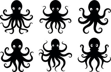 Black Octopus Silhouette Vector Illustration, Solid White Background, Sea Animal Icon.