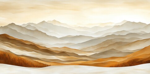Serene Mountain Range Panorama in Soft Golden Light of the Daytime Landscape featuring a Gentle