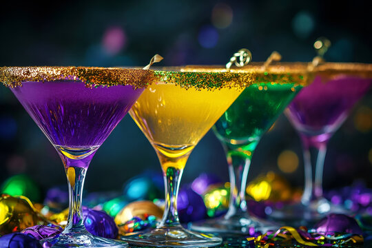 Mardi gras cocktails set. Colorful purple, yellow, green martini champagne wine cocktail glasses for Mardi gras party bar with carnival decor and orleans - Powered by Adobe