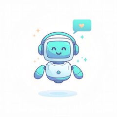 Obraz premium Cute AI Robot with Headphones, Heart Speech Bubble, Technology Icon Illustration, Smiling Bot, Vector Design.