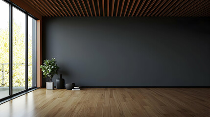 Fototapeta premium Modern Minimalist Interior Design With Dark Gray Wall Wooden Floor And Balcony View In Empty Room