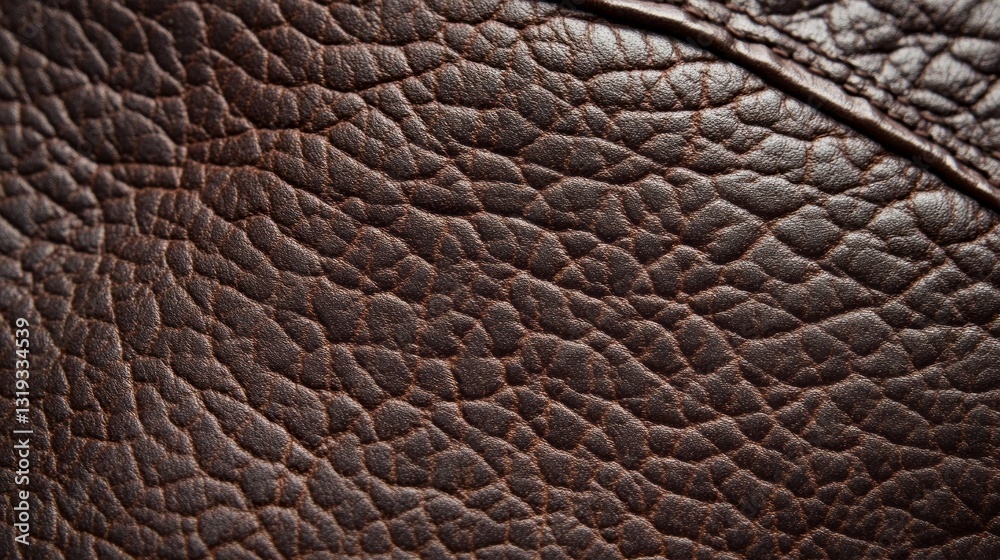 Poster A close-up view showcases the intricate texture of dark brown leather, highlighting its natural patterns and sheen under soft light, creating an elegant and luxurious feel