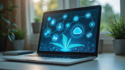 laptop displaying digital icons related to technology and nature, symbolizing innovation and sustainability