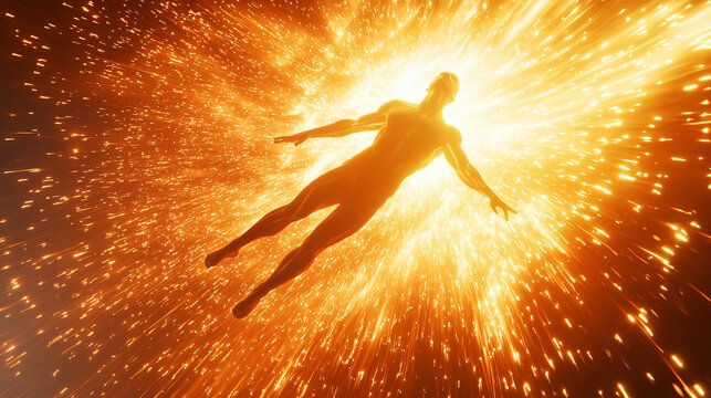 A person ascending into pure energy, embodying transcendent consciousness and metaphysical enlightenment. 