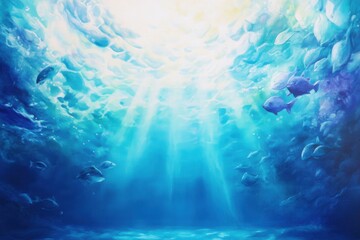 Obraz premium Vibrant underwater world with schools of fish illuminated by sunlight beams