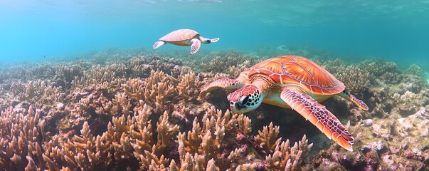 Fototapeta premium Two sea turtles swimming near a coral reef in the ocean