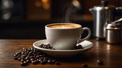 Fototapeta premium Hot espresso coffee in a cup with steaming aroma