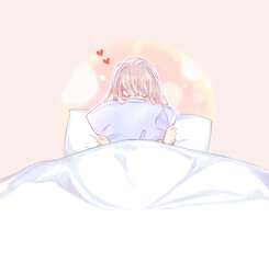 ベッドの上でクッションを抱いている女性　恋　窓