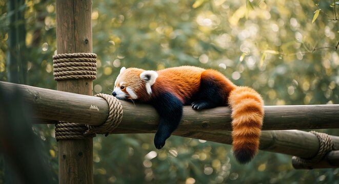 Red panda resting on beam - serene wildlife moment - stock photography for nature documentaries