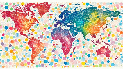 Obraz premium Vibrant World Map Made of Watercolor Dots – Representing Global Travel and Cultural Diversity