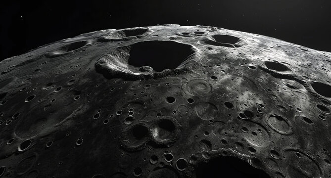 3D lunar craters from space, moon surface with vivid texture, photorealistic detailed scene.