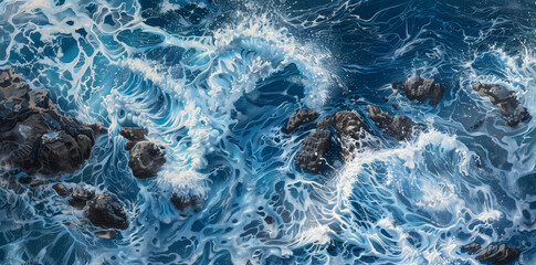 Blue waves crashing on rocks, aerial view, white foam swirls, dynamic coastal design.