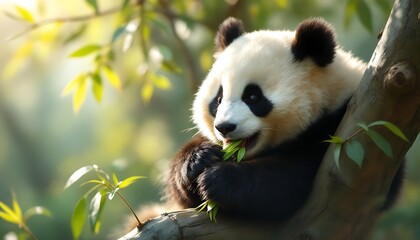 Obraz premium Adorable Panda Bear Eating Bamboo in Lush Forest