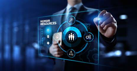 HR Human resources management Recruitment Headhunting. Businessman pressing button on screen.