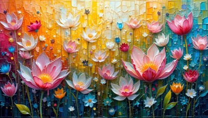 Fototapeta premium Vibrant lotus blossoms bloom in a stunning mosaic of colors during a serene evening at the enchanting garden