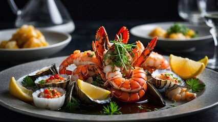 Fresh Shrimp and Sushi Plate with Lemon Garnish