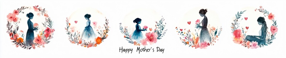 Fototapeta premium Five round watercolor Mother's Day cards featuring mother-child silhouettes and floral wreaths, perfect for celebrating motherhood and special events.