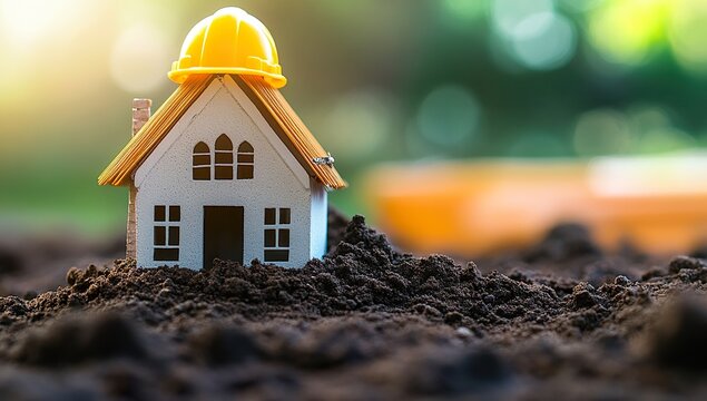 Photo of a miniature house with a yellow helmet on top, standing in dirt near a construction site. Web banner with copy space on the right.