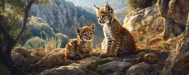 Fototapeta premium Two wildcats sitting on rocks in a beautiful landscape setting