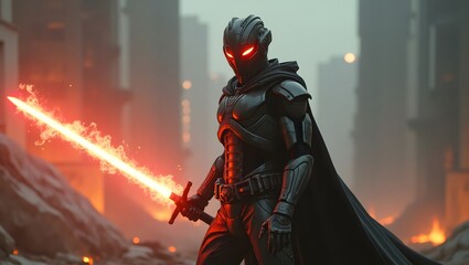 A powerful futuristic warrior wearing advanced black armor and a cape, holding a glowing flaming sword in a cyberpunk city filled with a dark atmosphere and orange neon lights.