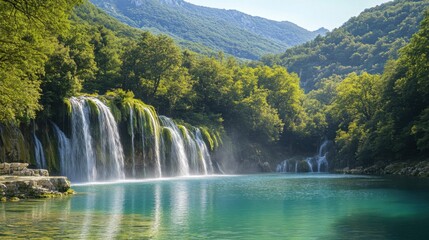 Waterfall flows into blue lake. Green trees and mountains rise up. Scenic nature landscape. Water cascades down. Peaceful and serene scenery.