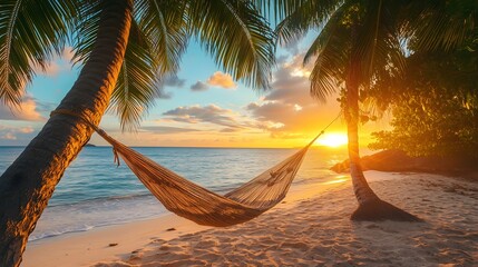 Serene beach with a hammock swaying gently between two palm trees at sunset